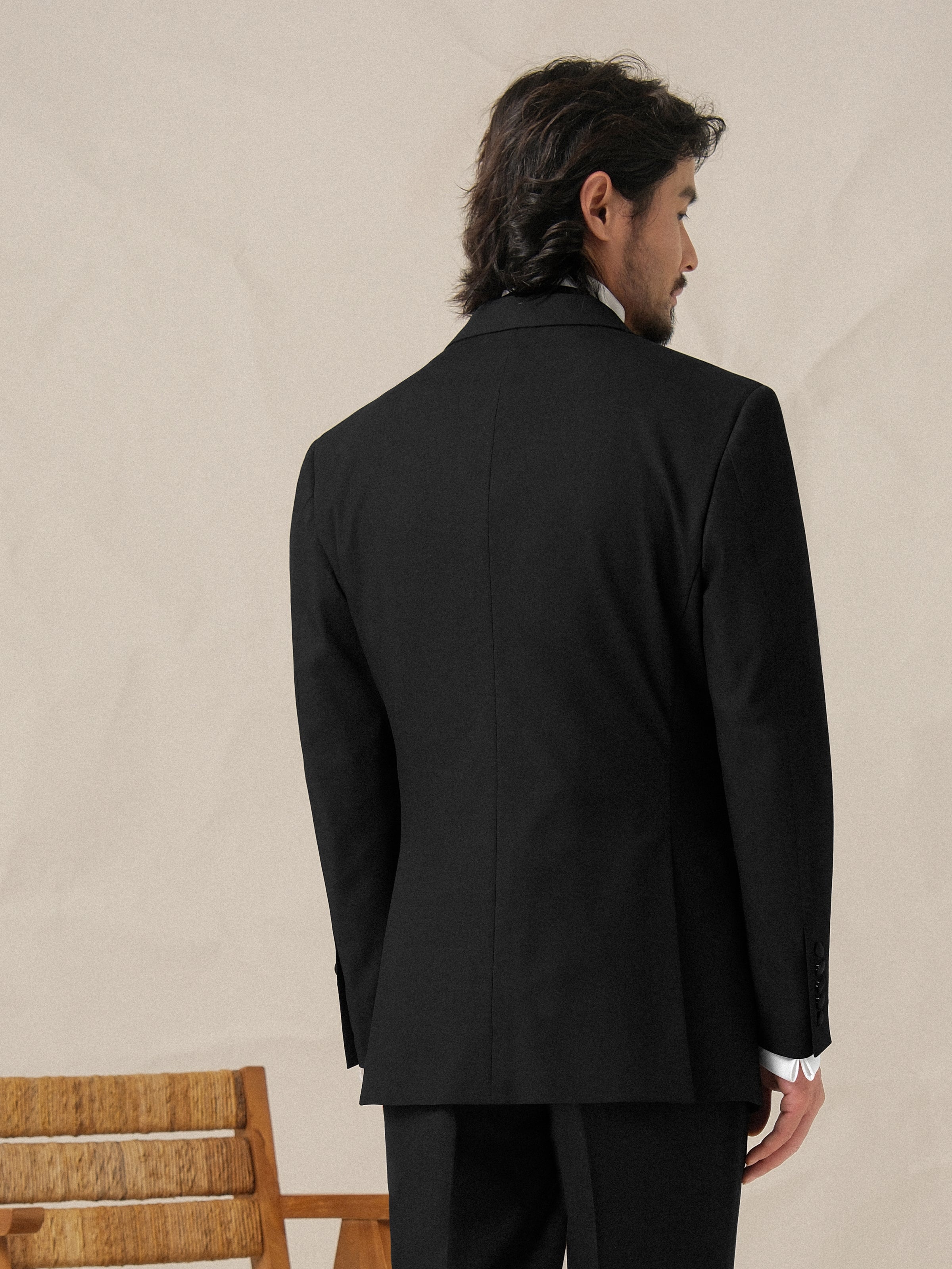 Men's Black Satin Peak Lapel Double-Breasted Tuxedo Wedding Suit