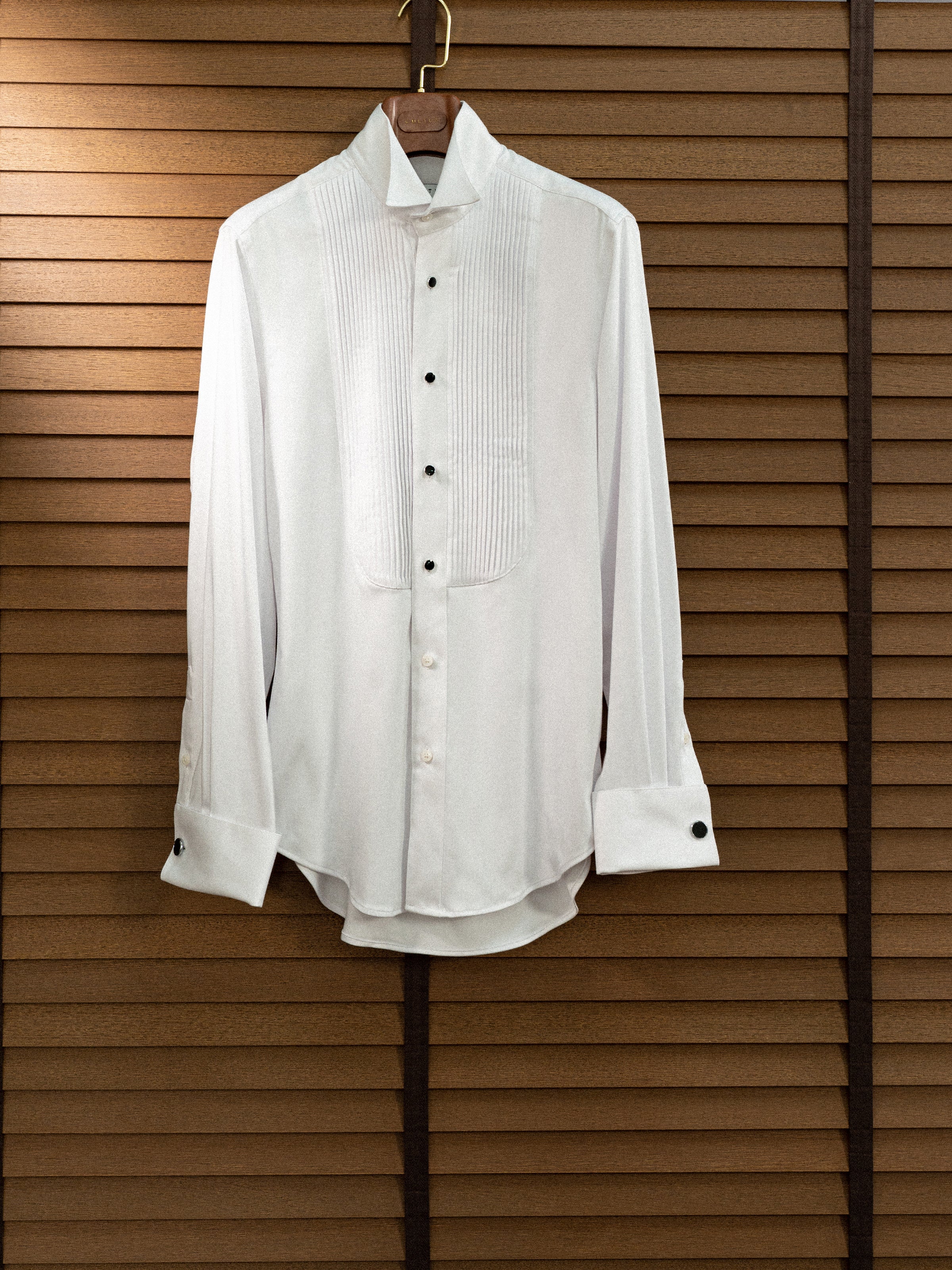 Men's Wing Collar Tuxedo Shirt with French Cuffs and Pleated Front