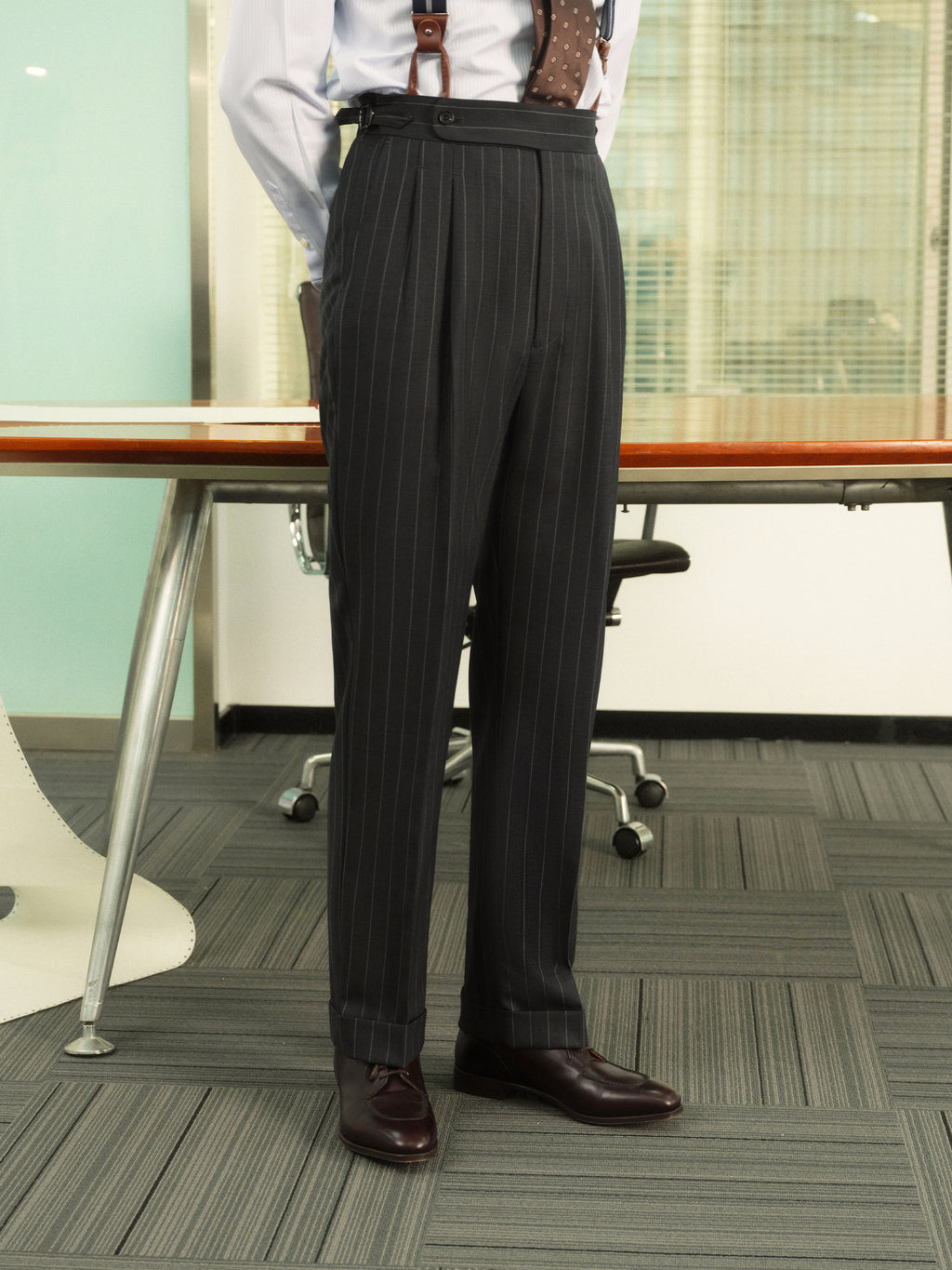 70% Australian Wool Striped Double-Pleated Dress Pants