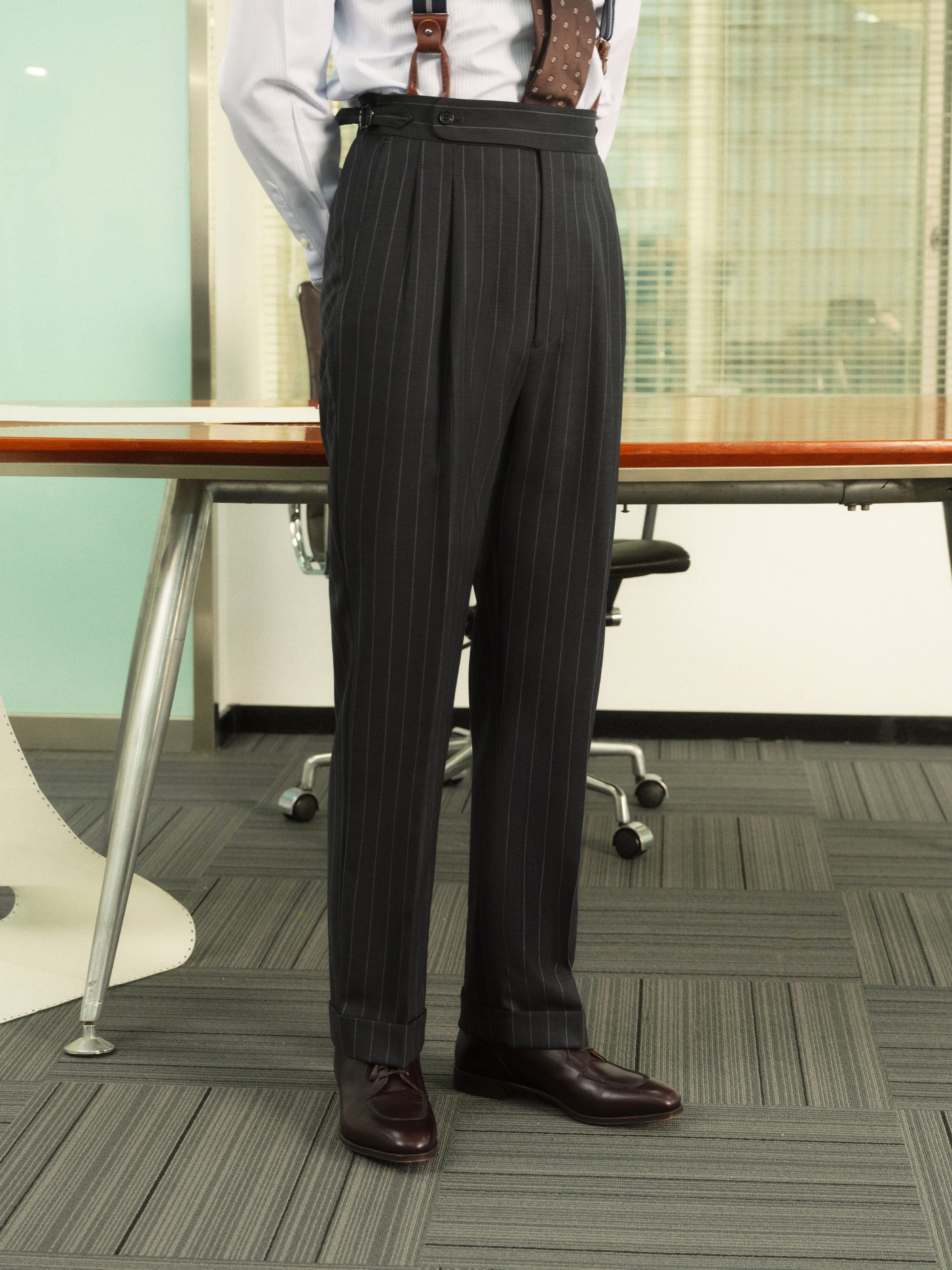 70% Australian Wool Striped Double-Pleated Dress Pants