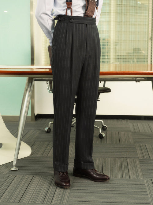 70% Australian Wool Striped Double-Pleated Dress Pants