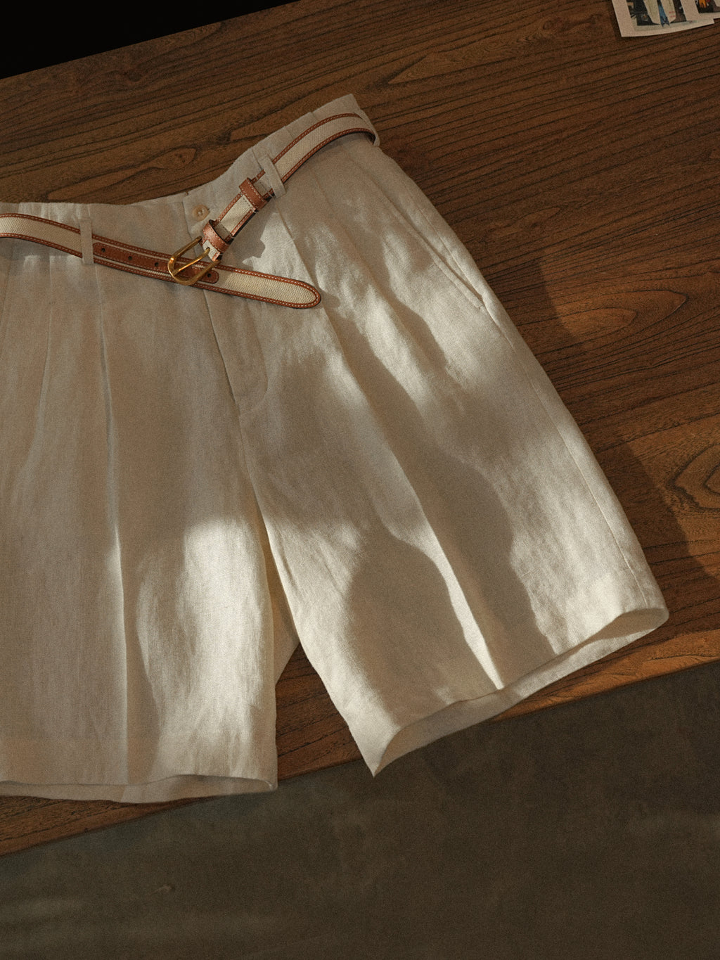 Off-White Normandy Linen Pleated Bermuda Shorts