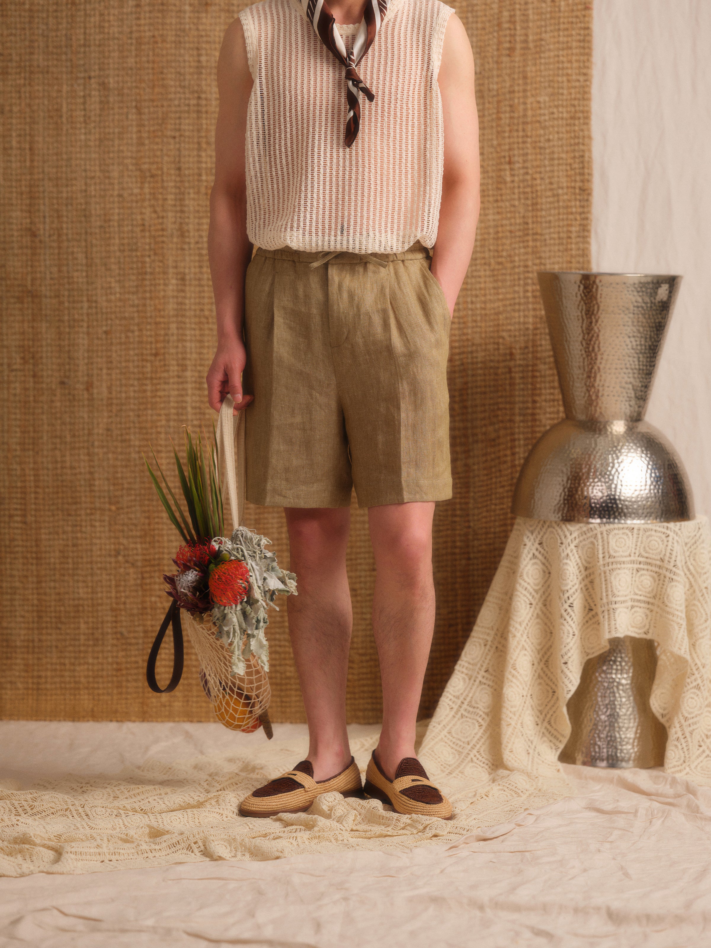 Men's Lightweight Pleated Drawstring Beach Shorts