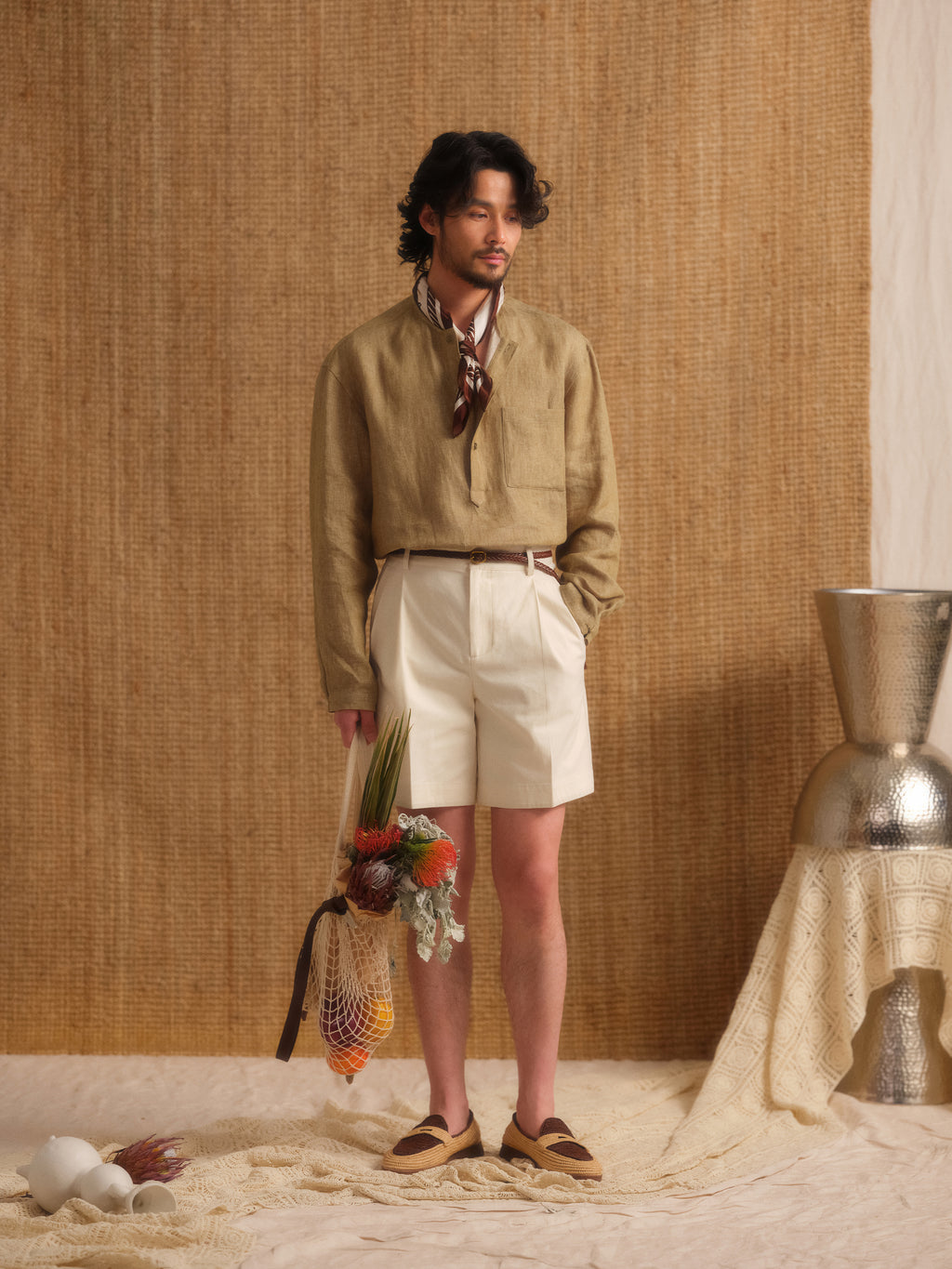 Men's Double-Pleated Straight-Fit Beach Shorts