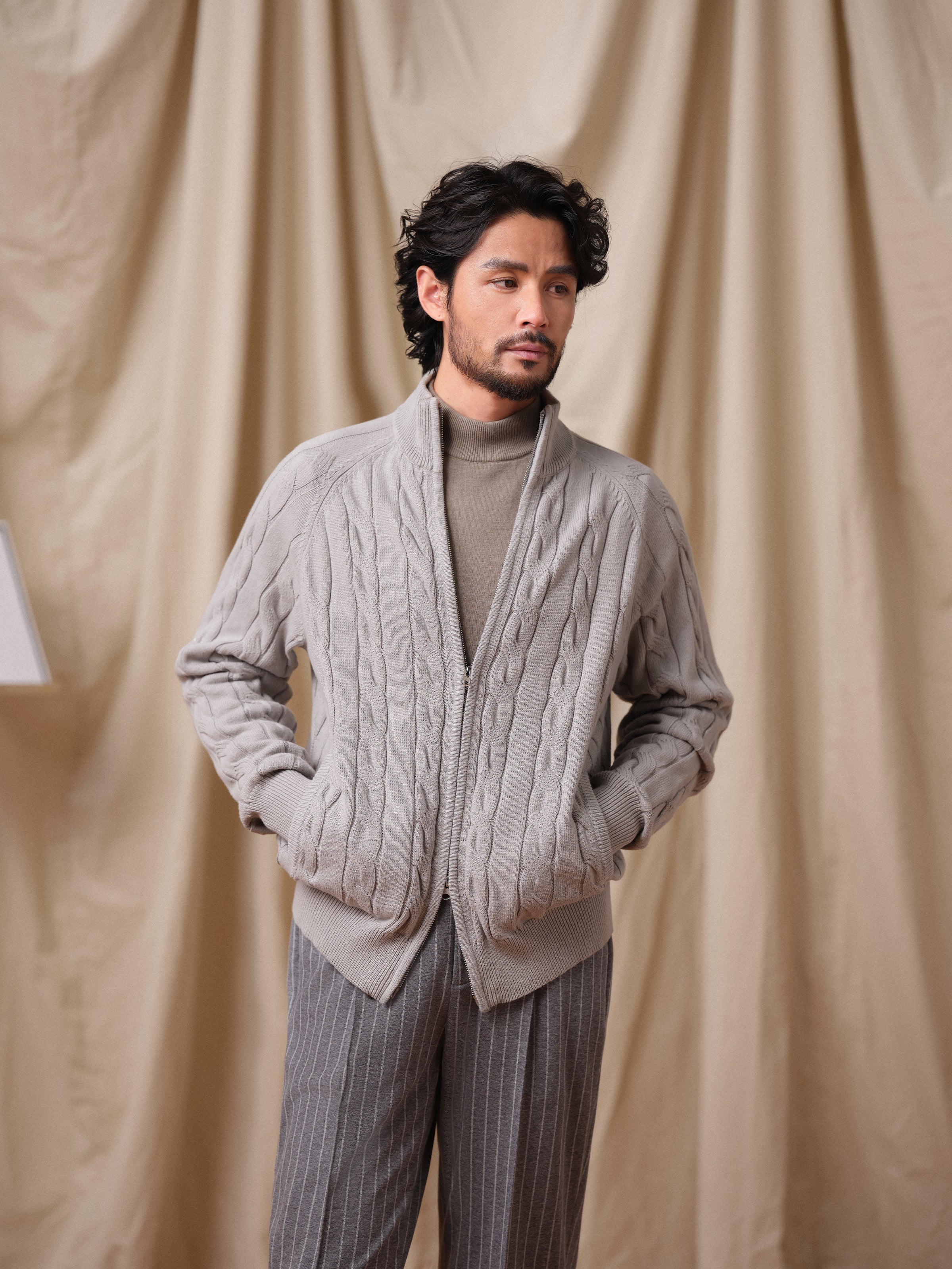 Men's Heavy Cable Knit Zip Cardigan