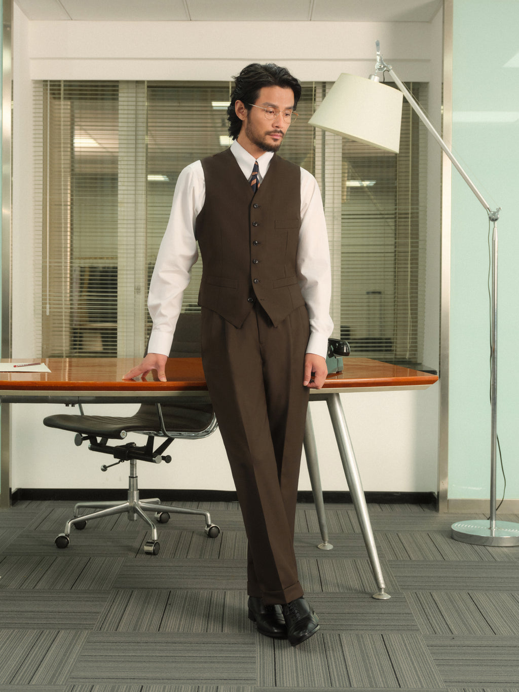 Non-Iron Australian Merino Wool Blend Twill Seersucker Single-Breasted Collarless Vest