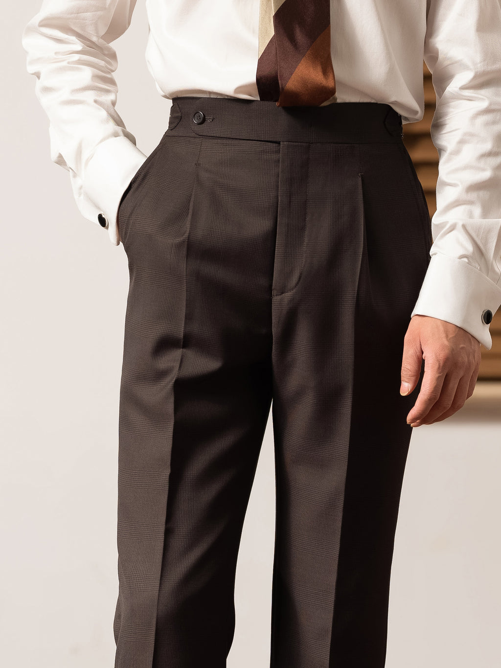 Men's Non-Iron Wool Prince of Wales Check Slim Straight Suit Trousers