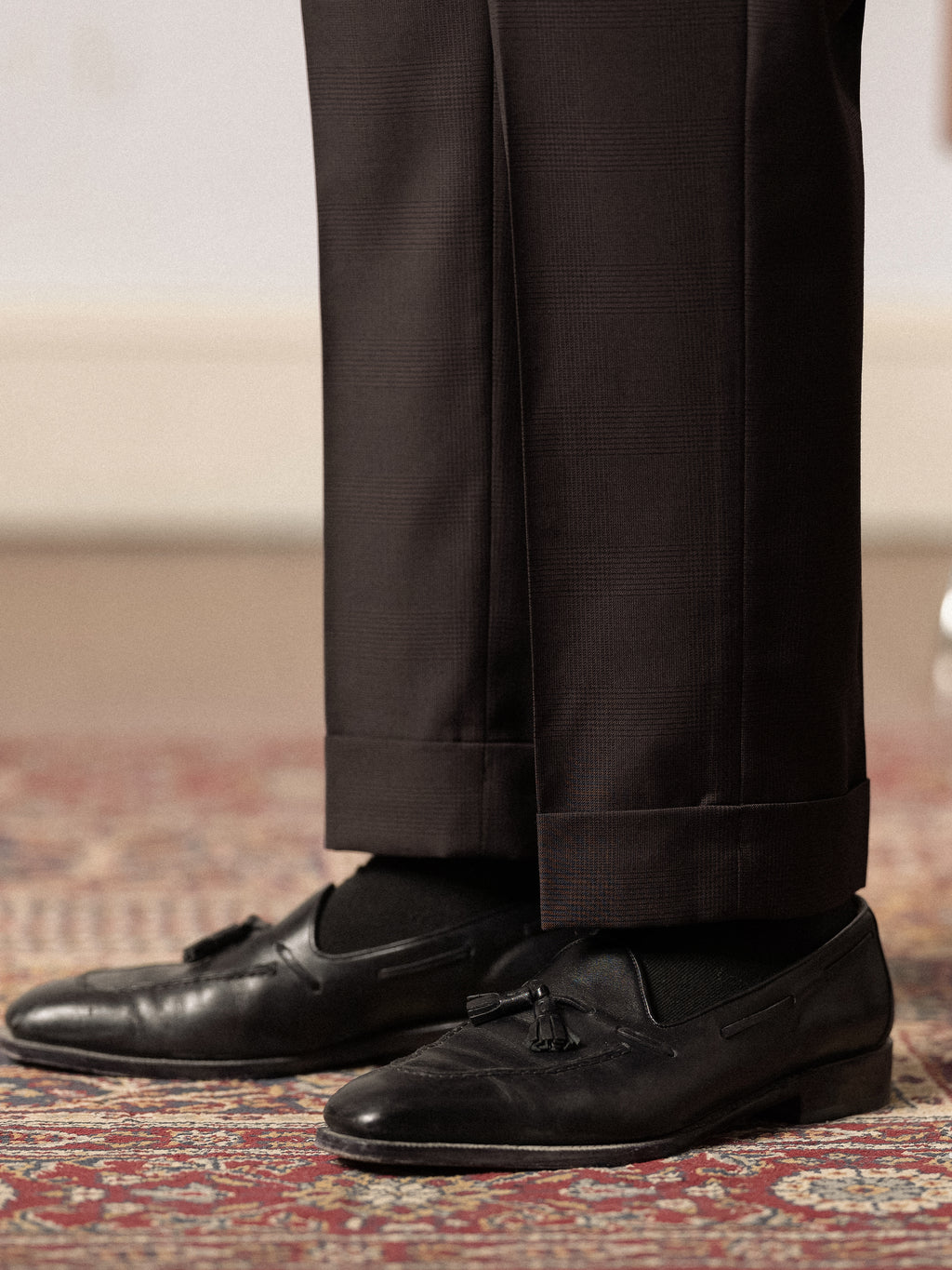 Men's Non-Iron Wool Prince of Wales Check Slim Straight Suit Trousers