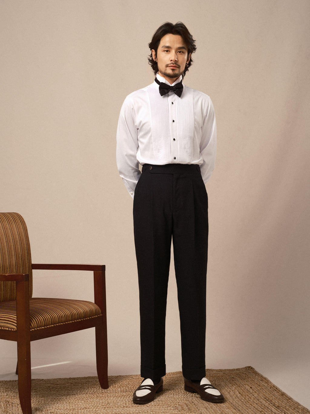Men's Wing Collar Tuxedo Shirt with French Cuffs and Pleated Front