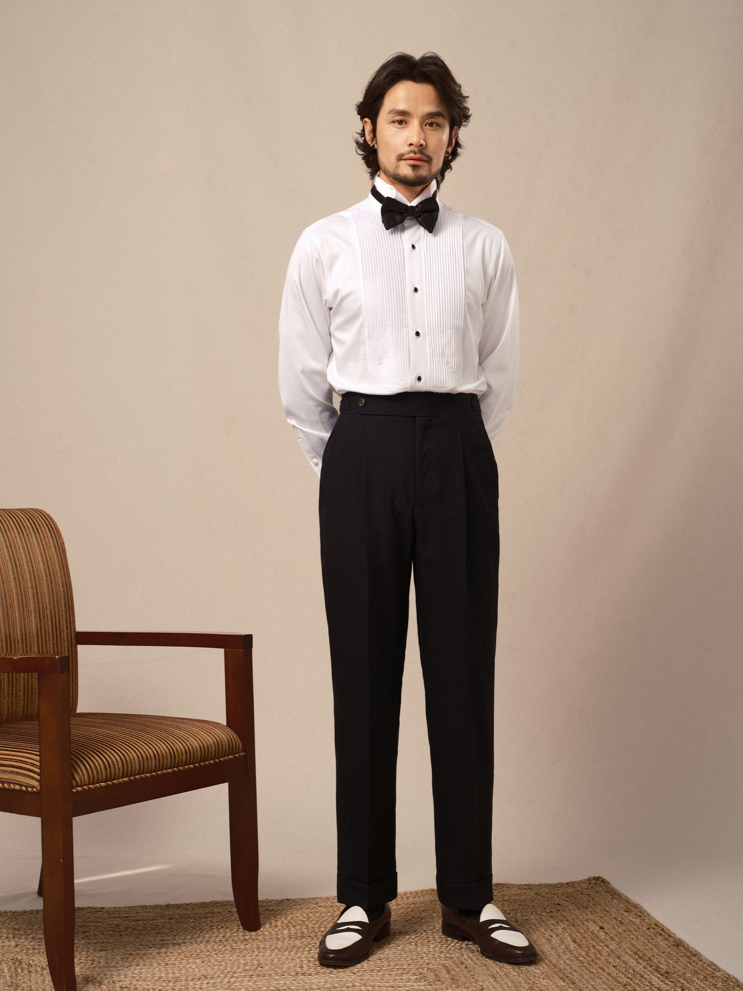 Men's Wing Collar Tuxedo Shirt with French Cuffs and Pleated Front