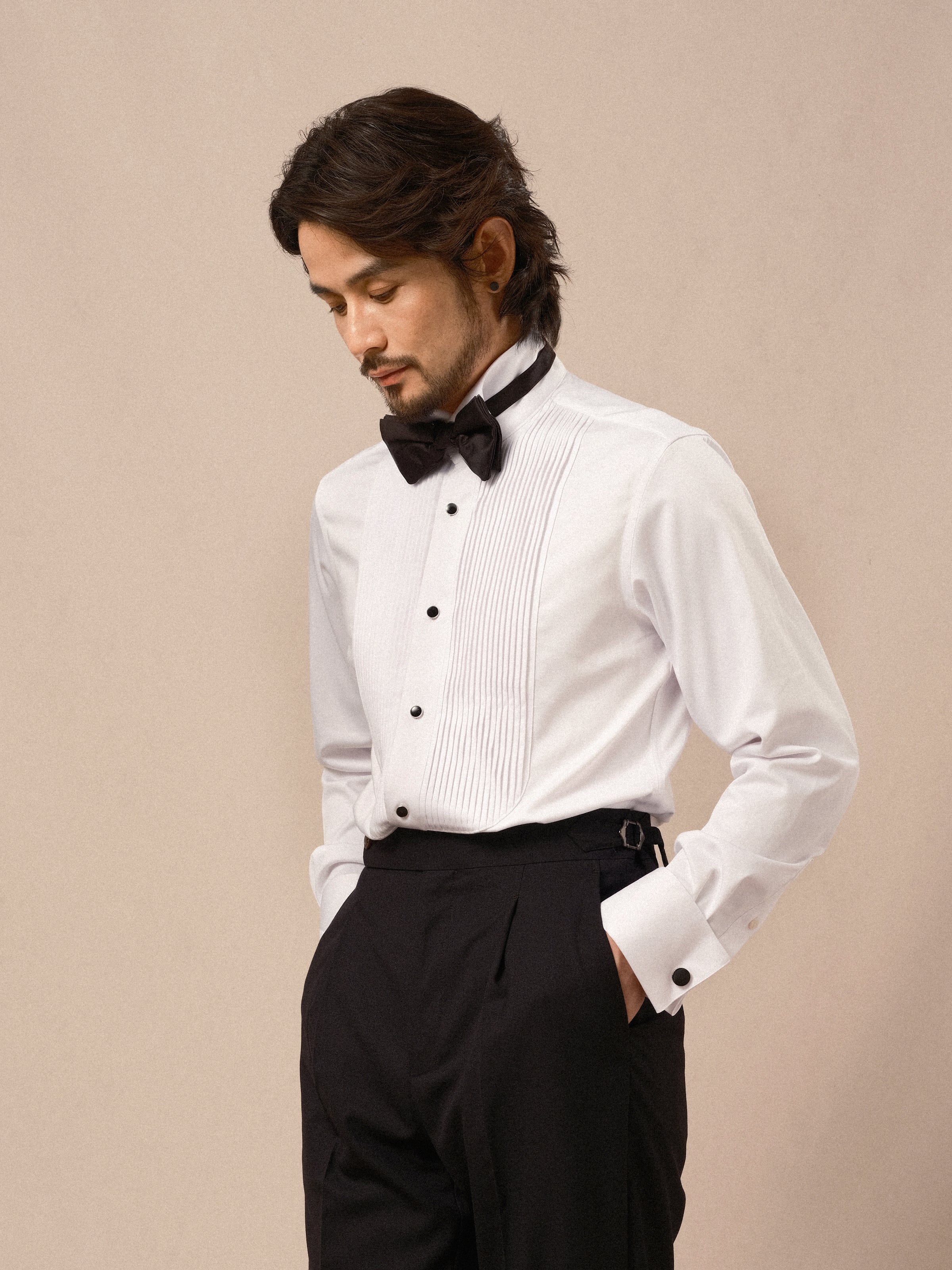 Men's Wing Collar Tuxedo Shirt with French Cuffs and Pleated Front