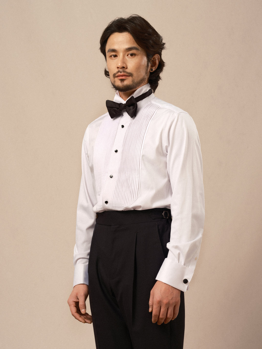 Men's Wing Collar Tuxedo Shirt with French Cuffs and Pleated Front