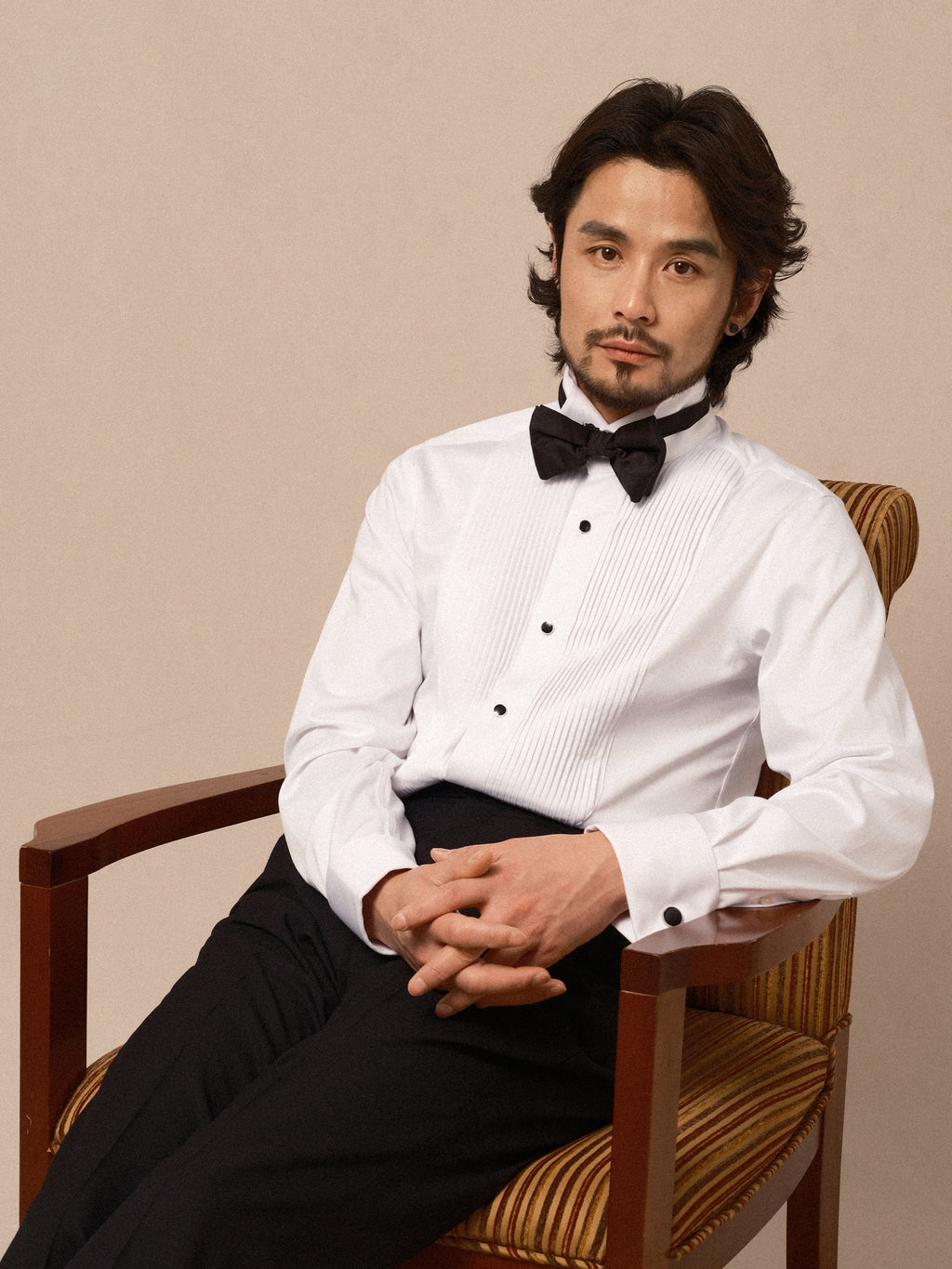 Men's Wing Collar Tuxedo Shirt with French Cuffs and Pleated Front