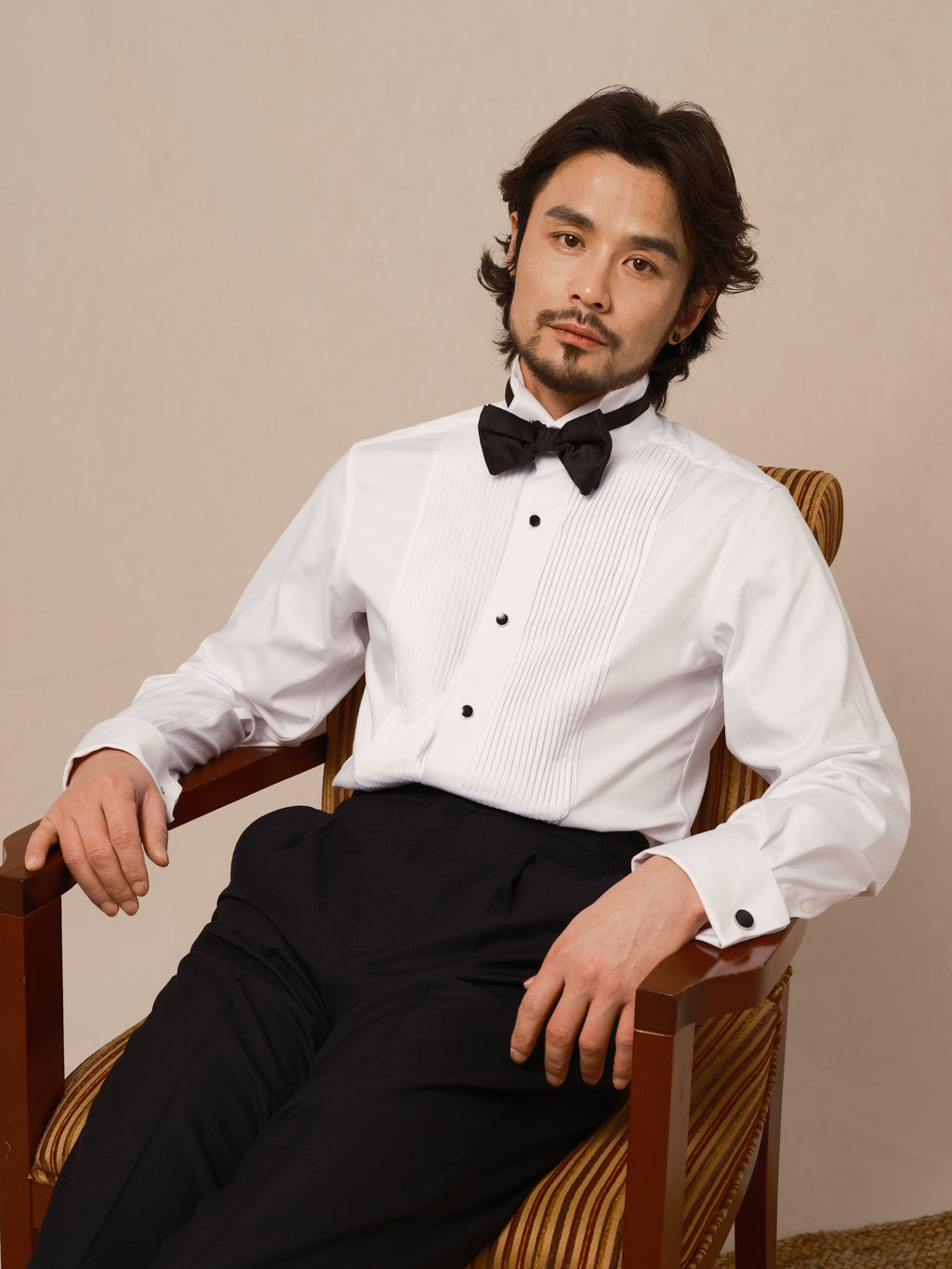 Men's Wing Collar Tuxedo Shirt with French Cuffs and Pleated Front